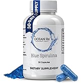 Ocean Rx Organic Pure Blue Spirulina Capsules | Natural Superfood | Prebiotic Phycocyanin Supplement | Healty Skin, Oral Health, & Wound Recovery | 30 Serving Bottle