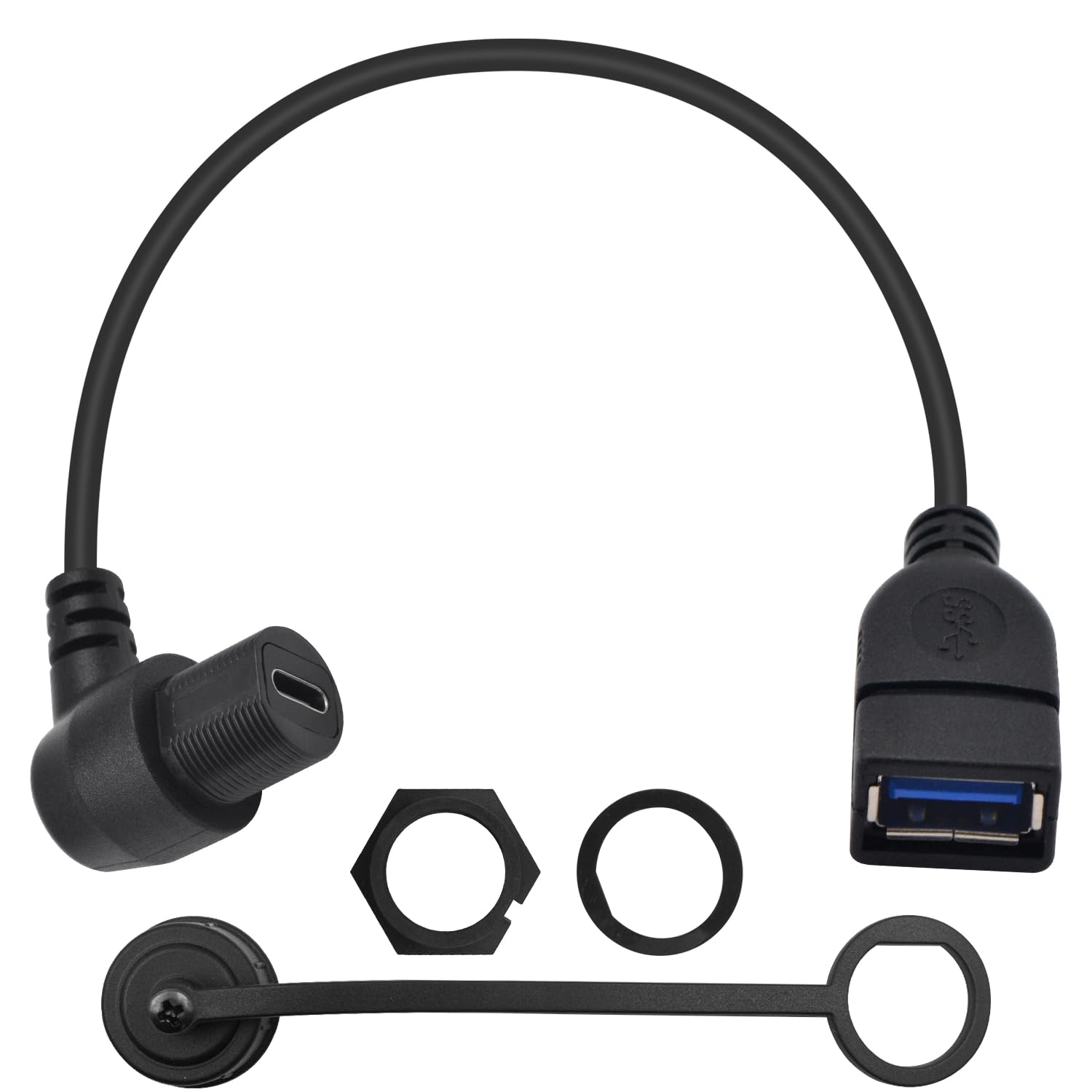 Duttek USB C Right Angle Female to USB 3.0 Female Car Flush Mount Cable, 90 degree USB A to USB C Mount Flush Cable, USB C 3.0 Panel Mount Extension Cable for Car Truck Boat Motorcycle Dashboard 30cm