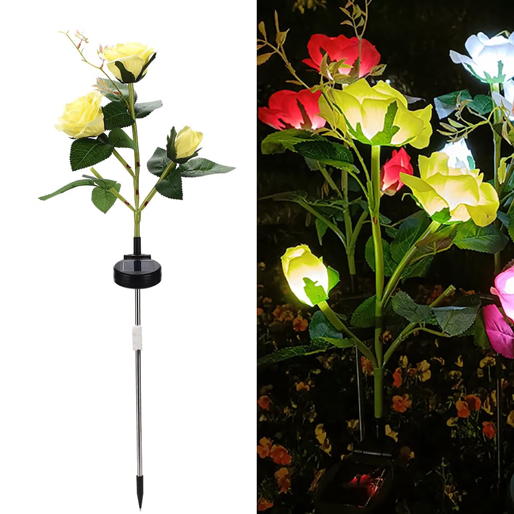 XhuangTech Solar Roses Flowers Lights Outdoor Garden Ornaments, IP55 Waterproof 3 Heads Rose Lights Flower Solar Stake Lights Outdoor Decor for Yard Lawn Patio Porch Fence Flowerbed Pathway (Yellow)