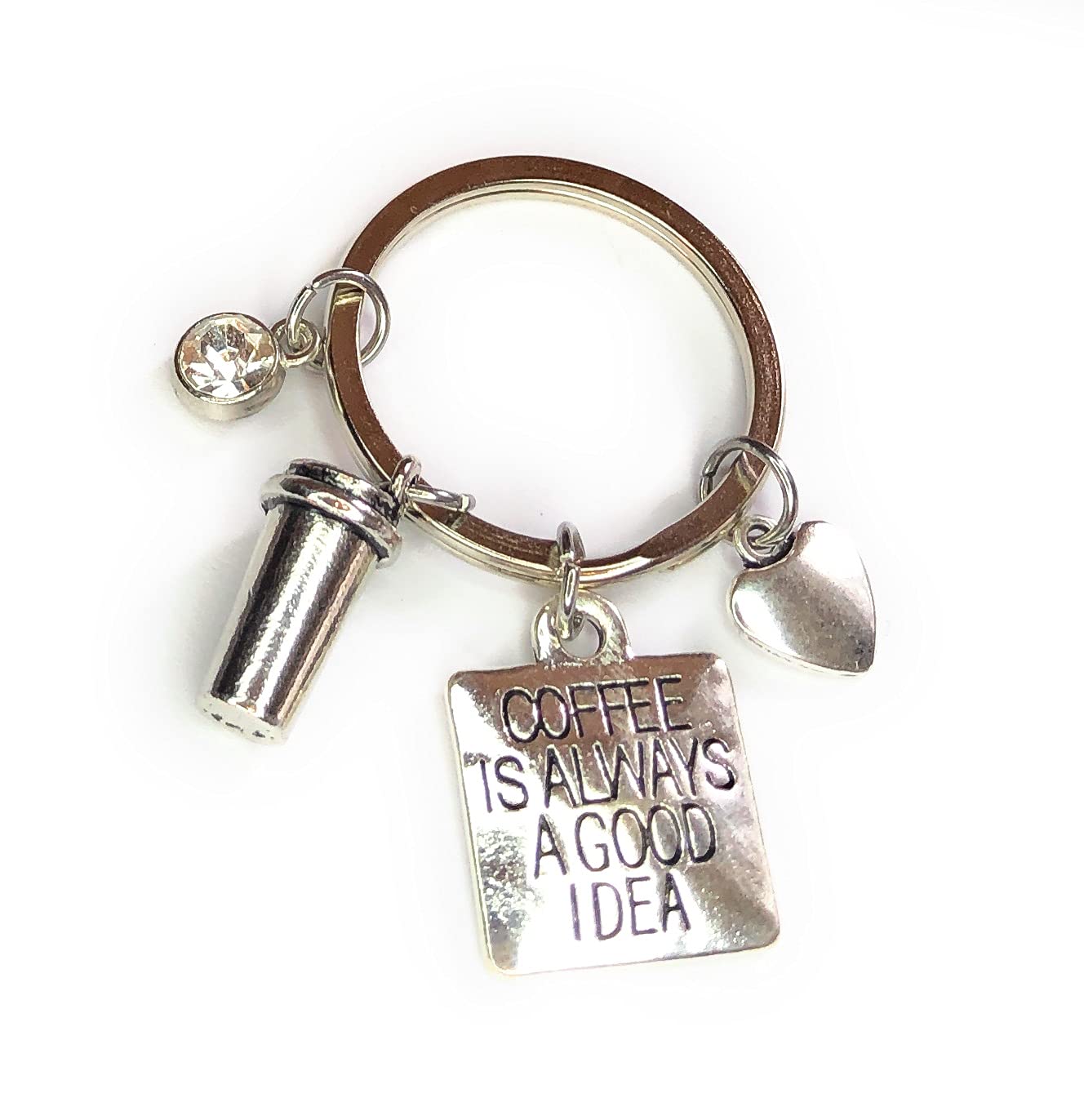 FizzyButton Gifts Coffee Lover Keyring Key Ring with Rhinestone, Coffee and Heart Charms