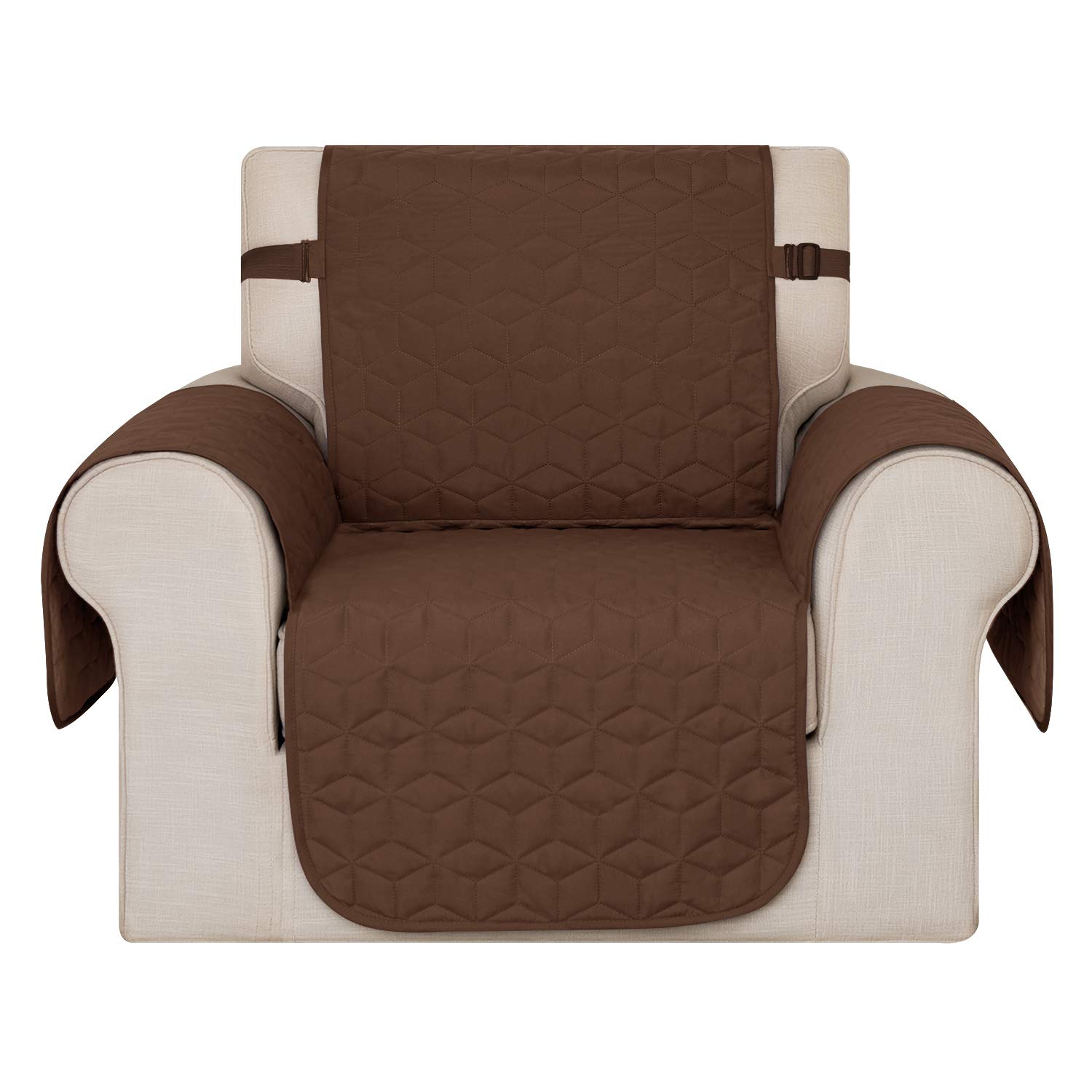 Deconovo Sofa Protectors Covers with Elastic Straps and Side Pockets Geometry Check Microfiber Sofa Protector Water Repellent Treatment Quilted Anti Slip Sofa Covers for Couches Light Brown One Seater