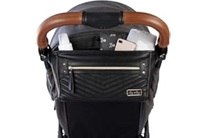 Itzy Ritzy Adjustable Stroller Caddy / Organizer - Stroller Organizer Bag Featuring Front Zippered Pocket, 2 Built-In Interior Pockets & Straps to Fit Nearly Any Model (Black with Gold Hardware)