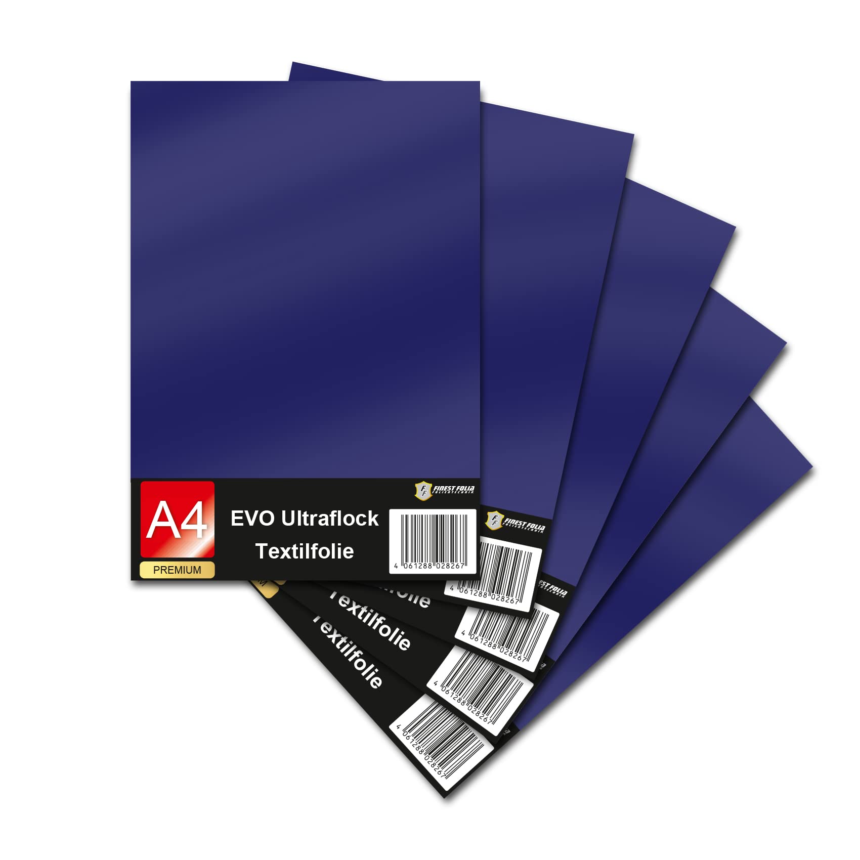 Evo Ultraflock Textile Film for Plotter 33 Colours Flock Film in DIN A4 Format 30 x 20 cm Plotter Film for Fabric Clothing T-Shirt Flock Film Accessories (Set of 5, 018 Navy)