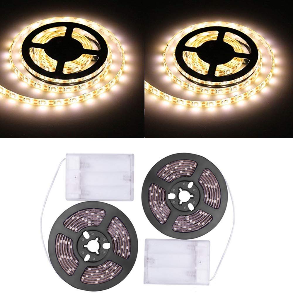 Sunboia Battery LED Strip Lights 2Pack 1m,30 LED Lights Strip Waterproof,Self-Adhesive,Cuttable for Bedroom Mirror Kitchen Cabinet Patio Indoor Outdoor Decor-Warm White