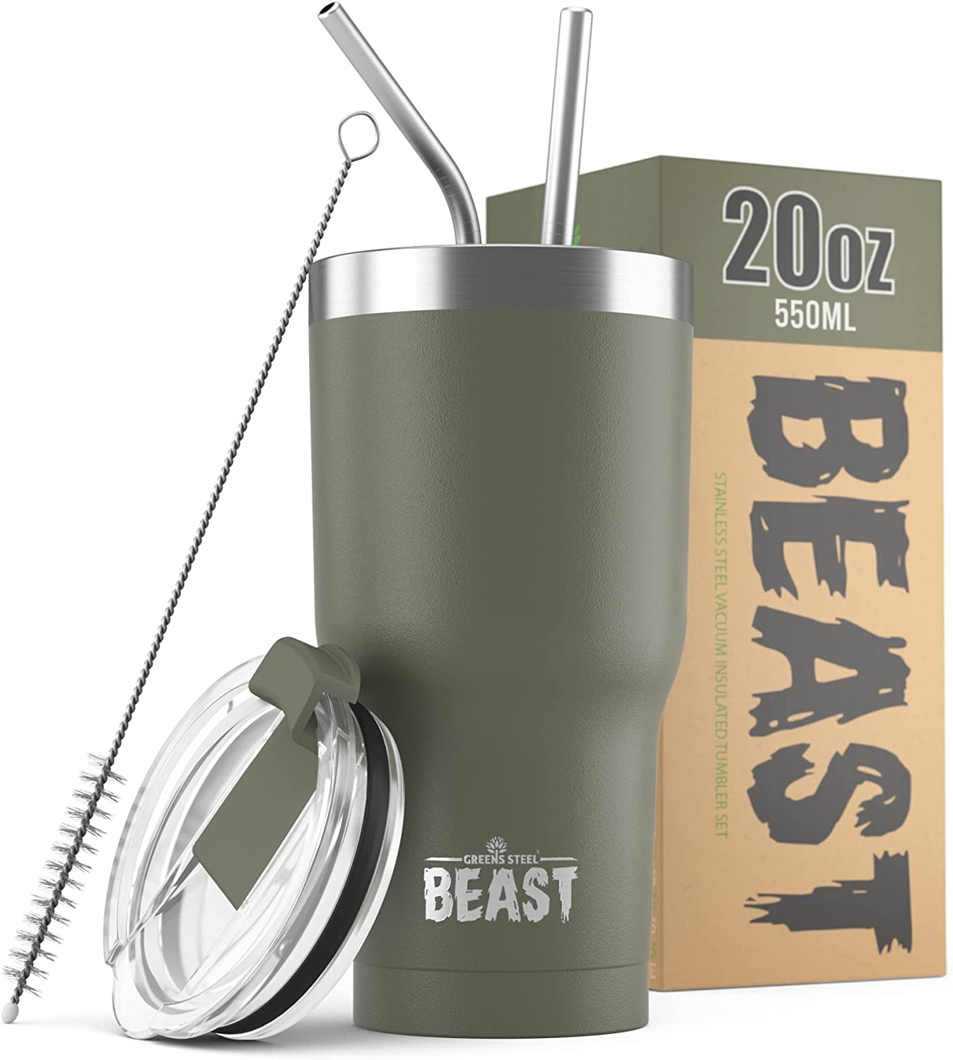 Beast Tumbler - 550 ml (20 oz), Army Green | Reusable Stainless Steel, Vacuum Insulated Cup | with + 2 Straws & Cleaning Brush | Double Wall Travel Flask Perfect for Hot or Iced Coffee | BPA Free — image 1
