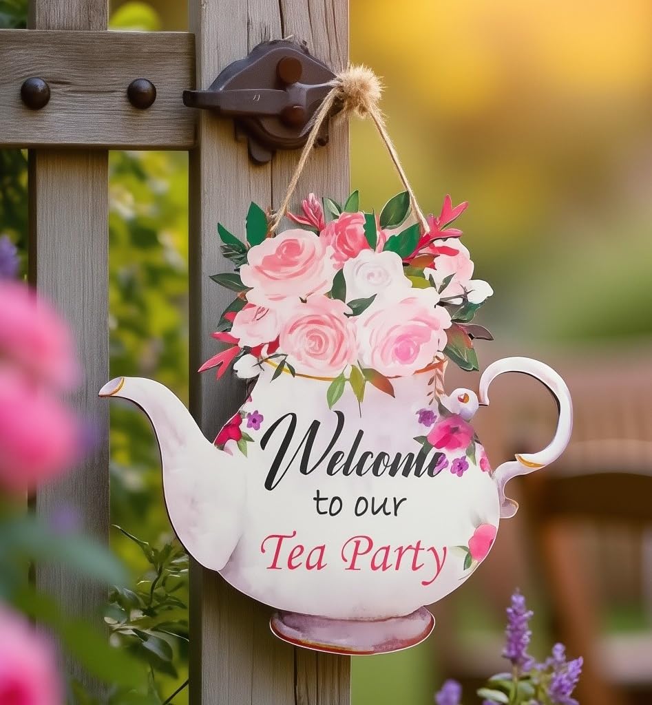 Photo 1 of 1PCS 10.8inch Welcome to Our Tea Party, Teapot-Shaped Welcome Sign for Tea Party Hanging Door & Tea Party Decorations Door Sign for Floral Themed