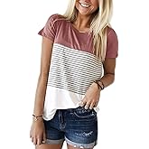 Womens Crew Neck Short Sleeve Tees Color Block Striped T-Shirt Casual Loose Fashion Tee Tops