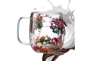 Dried Flowers Double Walled Glass Mugs, Clear Dry Flower Cup with Handle, Double Walled Insulated Coffee Cup for Latte, Cappu