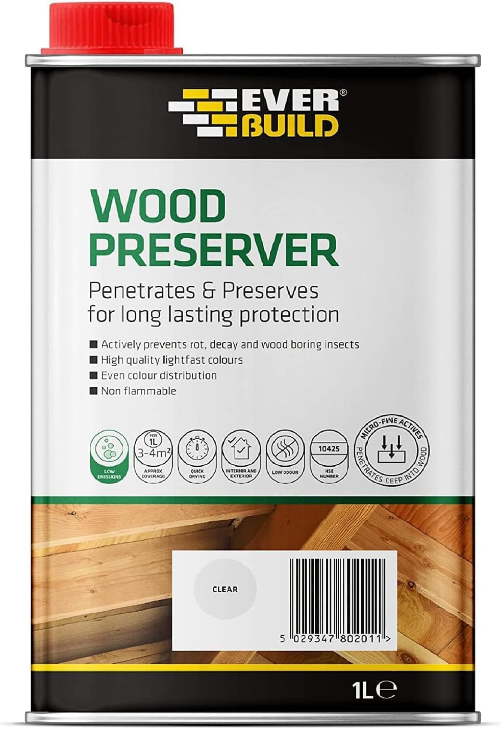 Everbuild Wood Preserver 1L Interior Exterior Low Odour Quick Dry Pack of 5