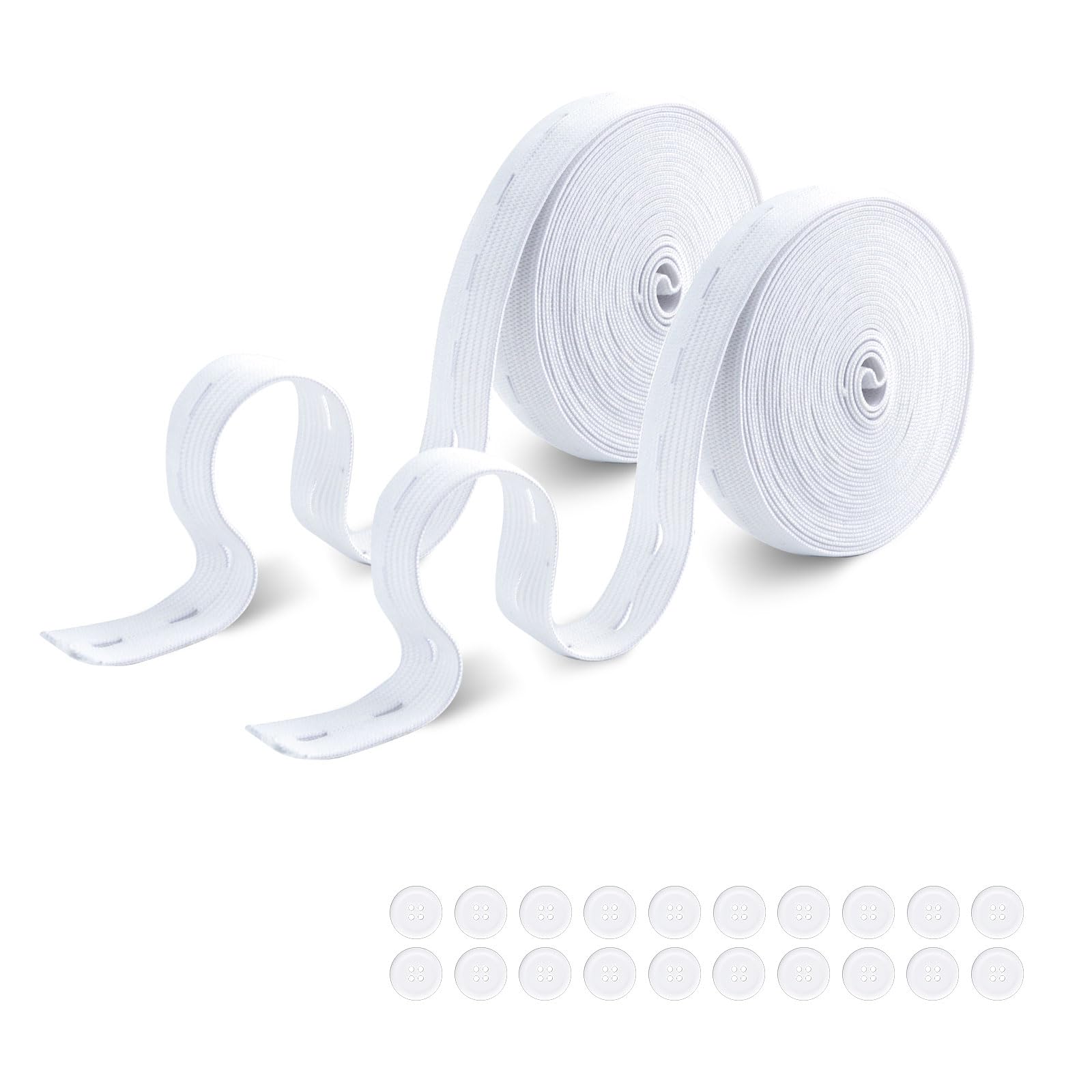 2 Rolls Wide Elastic for Sewing with Button Holes, 10m×20mm Wide Elastic Band, Polyester and Rubber Elastic Band for Sewing, with 20 Resin Buttons, Elastic Strap for Belt Trouser Cord (20m White)