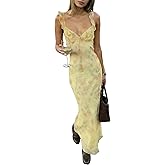 ANKOMINA Women's Floral Printed Maxi Dress Spaghetti Strap V Neck Ruffle Hem Bodycon Dress Holiday Beach Dresses