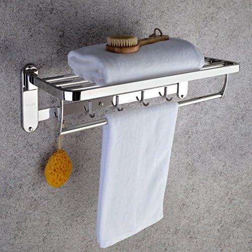 No need drilling,Bathroom Hotel Towel Bar Rack Hanger Shelves with Multiple Hook,SUS 304 Stainless,Folding,Polished Finish,Wall Mounted,Never Rust (No need Drilling)GBW-T89