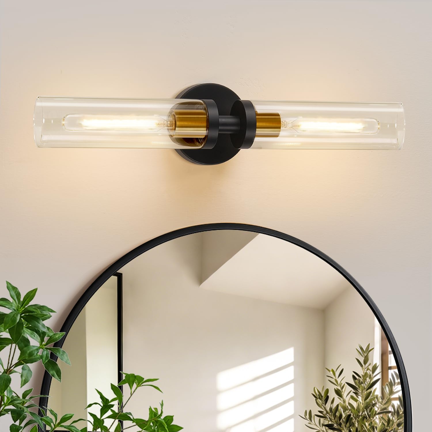 Photo 1 of Indoi Black and Gold Wall Sconce, Hardwired Bathroom Sconces Wall Lighting with Clear Glass, Modern Sconces Wall Light fixtures for Bathroom Mirror Living Room Hallway Bedroom