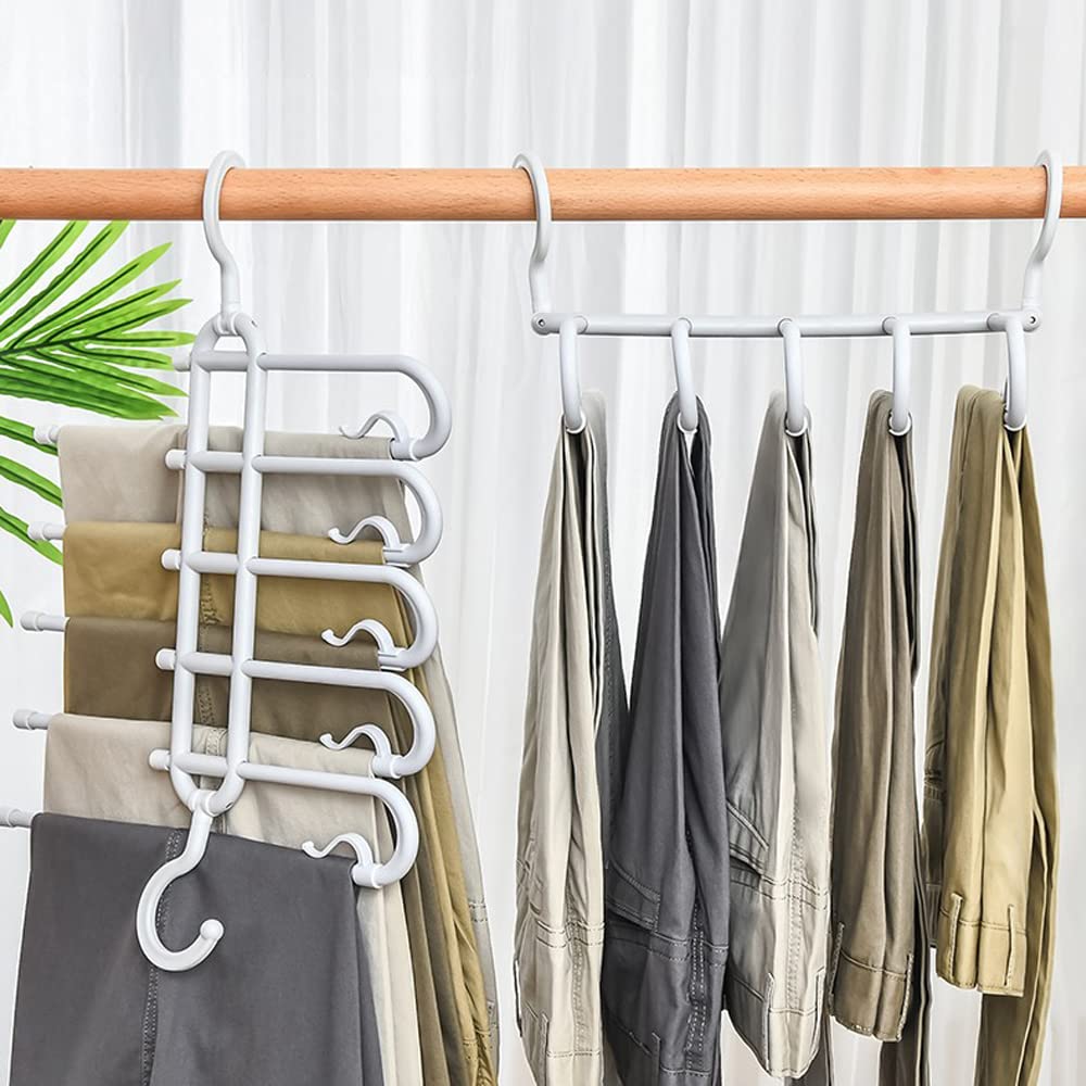 2 PCS Trouser Hanger Space Saving, YOCZOX Multifunctional Pants Hanging Organizer Rack 5 in 1 Closet Shelf Stainless Steel Wardrobe Clothing Hangers for Scarf Jeans Slacks Trousers Clothes -Grey