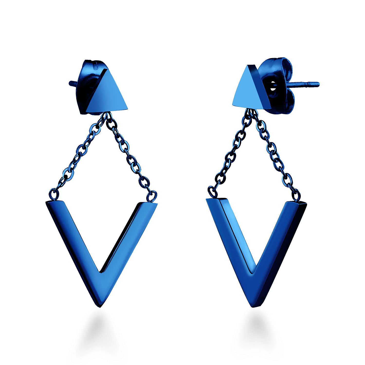 555Jewelry Womens Stainless Steel Metal Edgy Geometric Triangle V Shape Chain Drop Hanging Stylish Minimal Push Back Stud Fashion Accessory Costume Jewelry Earrings, Blue