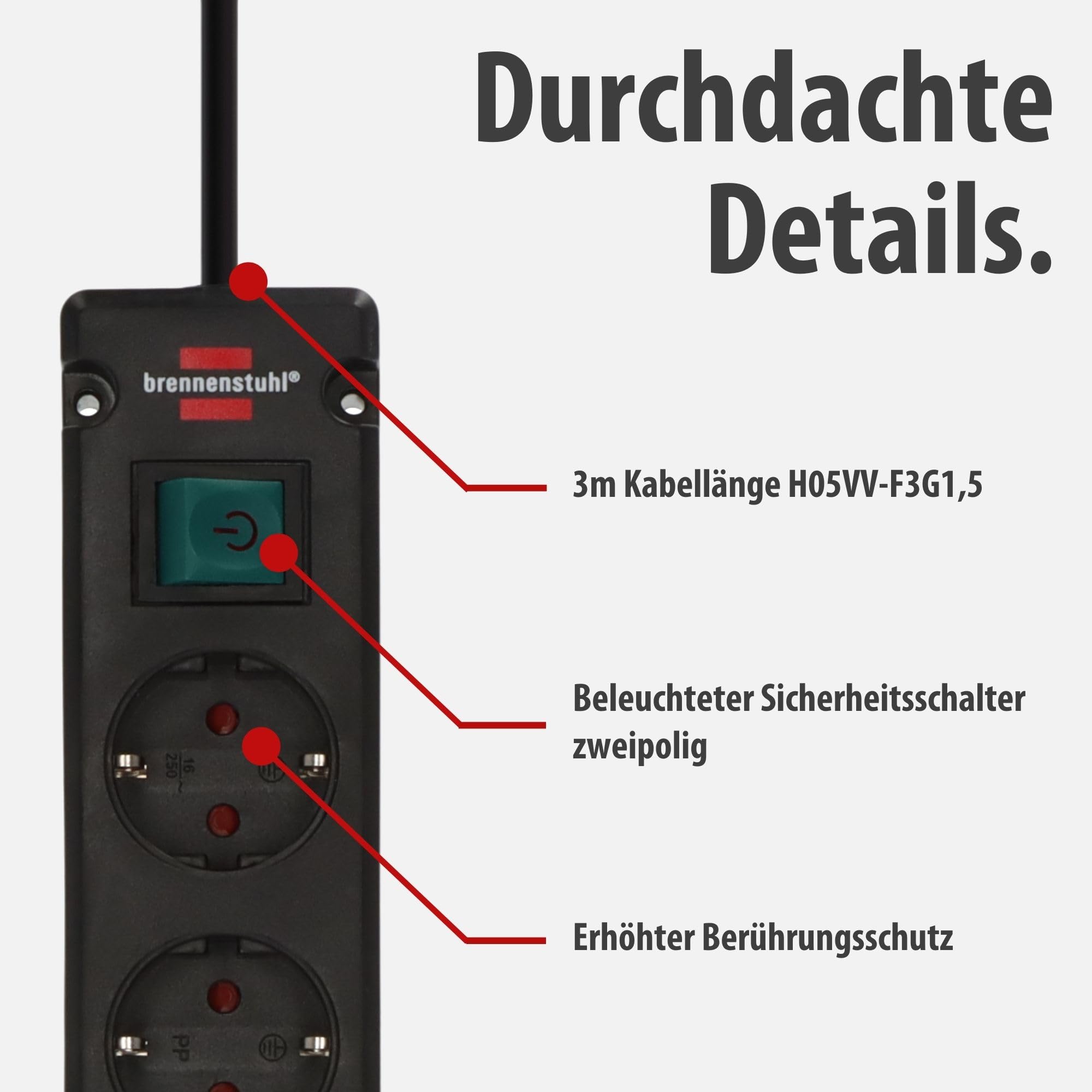 Brennenstuhl Bremounta Steckdosenleiste 6-Fach mit Schalter (Mehrfachsteckdose mit 90 Grad Steckdosen, Steckerleiste mit Befestigungsmöglichkeit und 3m Kabel) schwarz 4