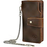 Handadsume Genuine Crazy Horse Leather Travel Gift Coin Pocket Card Case Long Organizer Chain Rfid Wallet Purse With Snap For Men Male 1803 1815 (W-1820-Brown)
