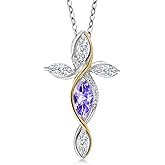 Cross Necklace For Women In 925 Silver and 10K Yellow Gold with Blue Tanzanite and White Moissanite | 1.32 Cttw | Jesus Christian Religious Crucifix | Marquise 8X4MM | With 18 Inch Chain