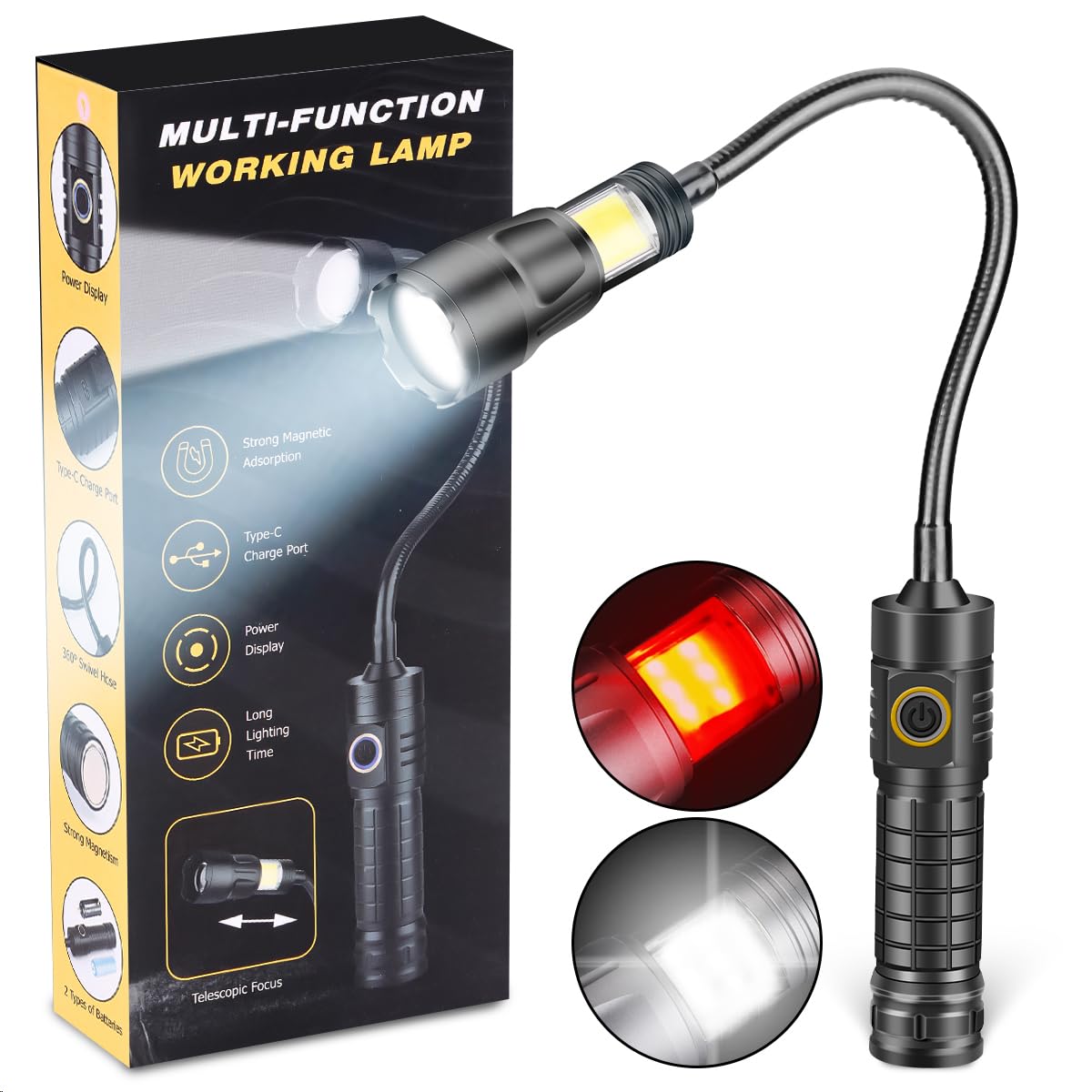 WholeFire 360° Rotatable COB LED Torch, 2 Colour Lights (Red & White) 3 Modes Work Light Rechargeable Portable Handheld LED Torches for Mechanics and Emergency