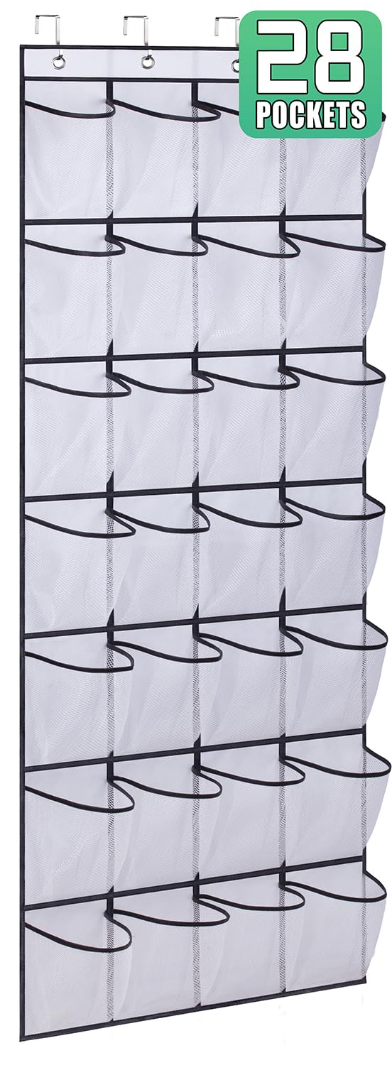 AOODA 28 Large Mesh Pockets Over The Door Shoe Rack, Hanging Shoe Organizer for Closet Hanging Shoe Rack Holder Hanger, White