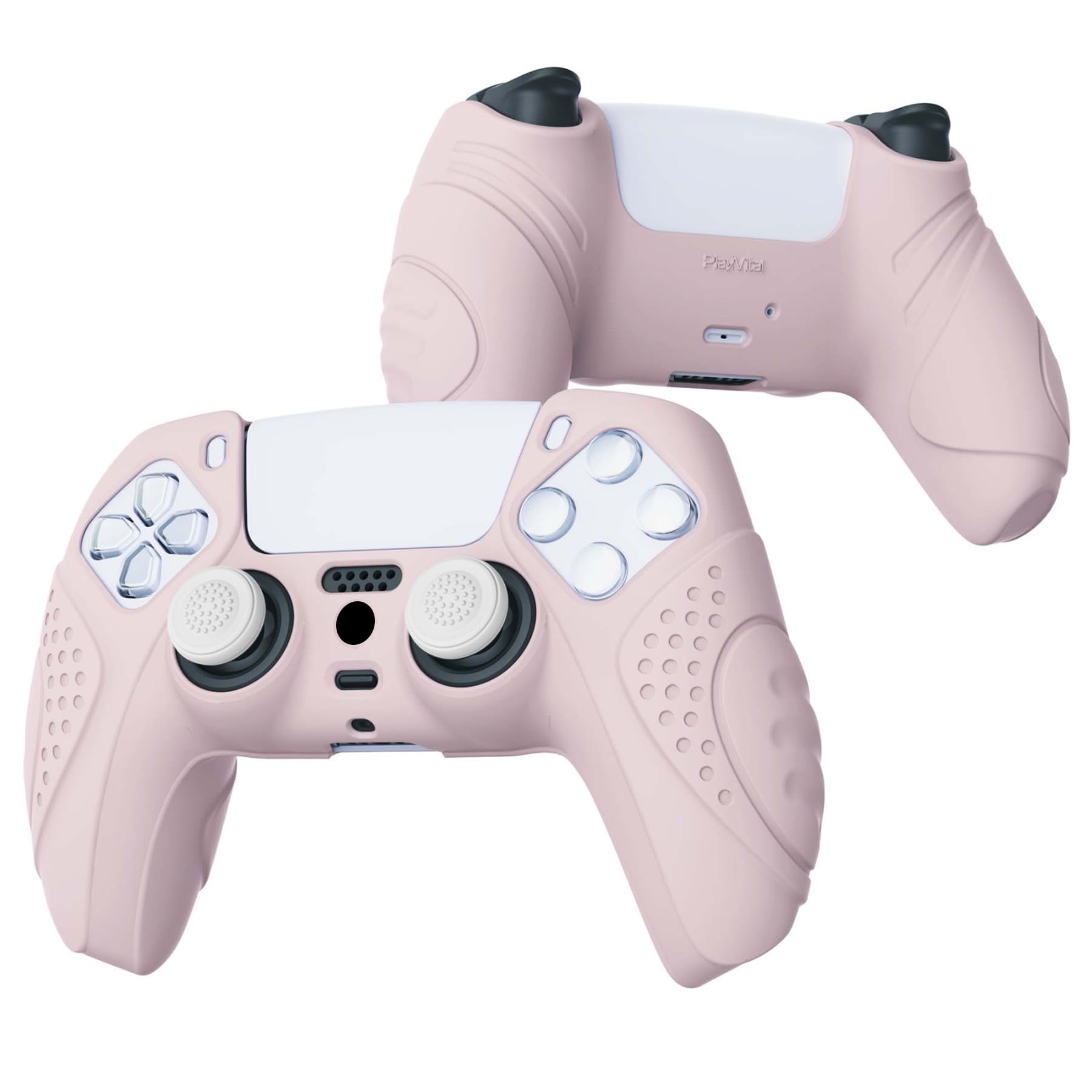 eXtremeRate PlayVital Guardian Edition Cherry Blossoms Pink Ergonomic Soft Anti-Slip Controller Silicone Case Cover for ps5, Rubber Protector Skin with White Joystick Caps for ps5 Controller