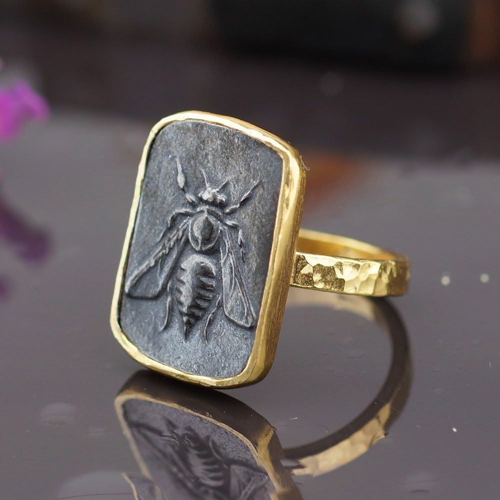 Sterling Silver 925k Oxidized Bee Coin Ring Roman Art Handmade By Omer 24k Gold Vermeil Size 6.75