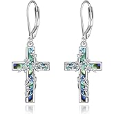 AXOMY Flower Cross Earrings 925 Sterling Silver Cross Dangle Drop Leverback Religion Jewelry Birthday Gifts for Women