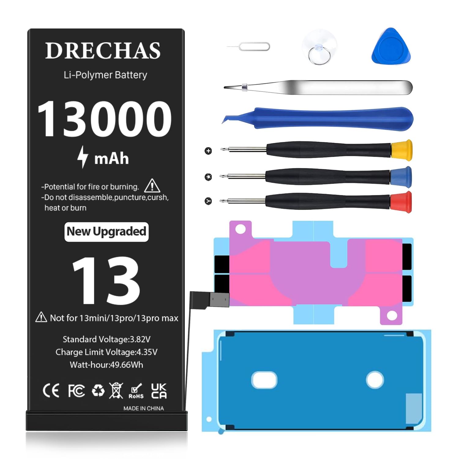 Photo 1 of [13000mAh]Battery for iPhone 13, Upgraded High Capacity 0 Cycle Li-Polymer Replacement Battery for iPhone 13 Models A2482, A2631, A2633, A2634, A2635 with Complete Professional Repair Tool Kit