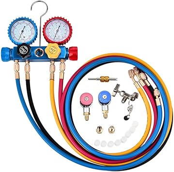 4 Way Ac Manifold Gauge Set R134a R410a R22 Freon Diagnostic Charging Vacuum Pump Evacuation 5ft Hose 3 Acme Tank Adapters Kit Adjustable Couplers Can Tap Amazon Co Uk Car Motorbike