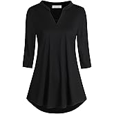 BAISHENGGT 3/4 Sleeve Tops for Women Notch V Neck Floral Work Blouses Dressy Casual Loose Fit Going Out Tunic Tops