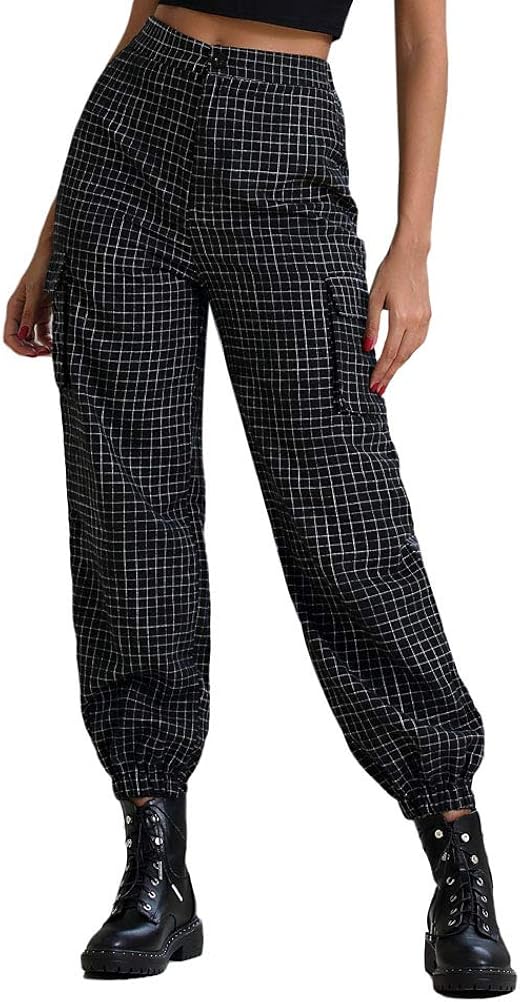 Ladies Checkered Pants Pockets High Waist Classic Trendy Leisure Trousers Autumn Women's Fashion