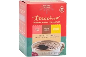 Teeccino Holiday Herbal Tea Sampler Assortment - Candy Cane, Gingerbread, Snickerdoodle - Caffeine-Free Holiday Dessert Teas with Prebiotic Chicory, 12 Tea Bags