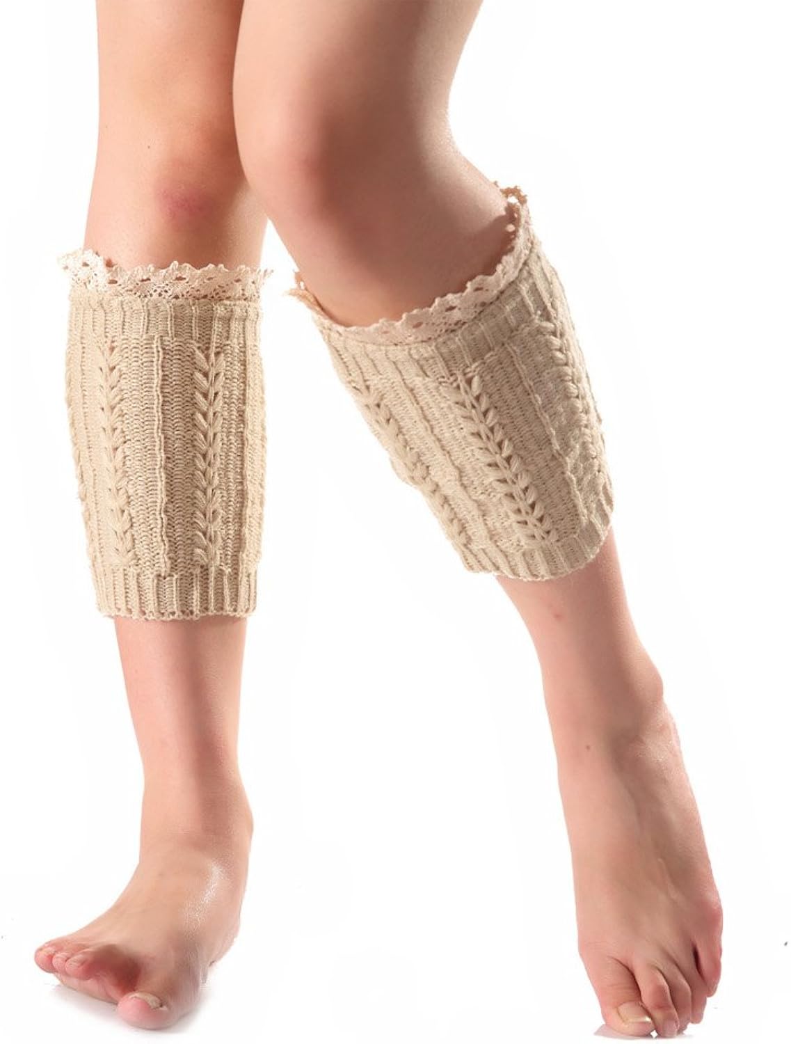 GTKC Women Girls short Leg Warmers with Lace Trim Crochet Knit Boot Socks Beige Amazon.co.uk
