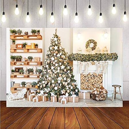 Amazon Co Jp スタジオ写真youtube クリスマステーマパーティーの暖炉にたくさんの薪 背景写真ブース ギフトボックスは鉢植えの クリスマスツリーの下の棚に積み重ねられています 背景折りたたみ式ビデオ 現代の カメラ