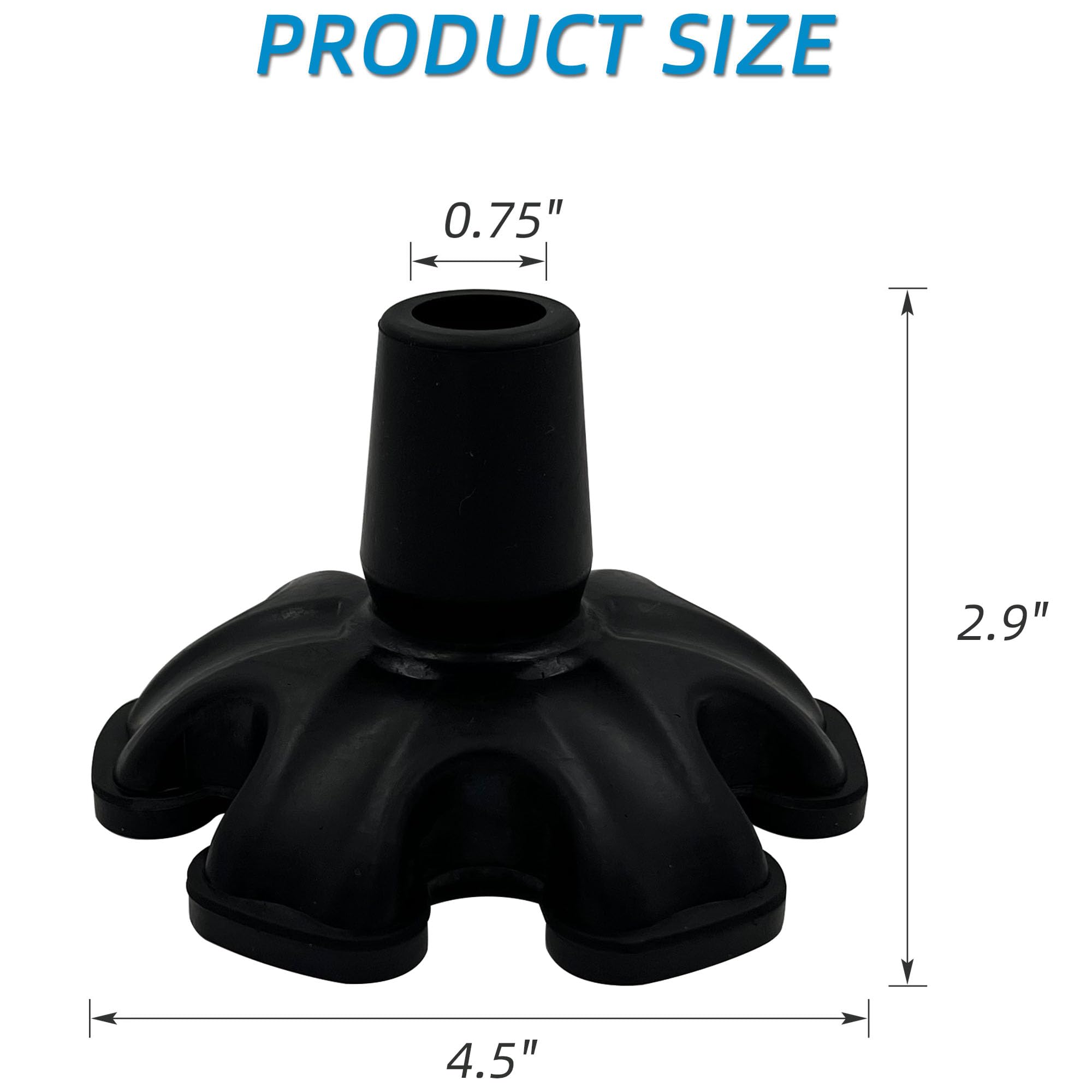 XSL Cane Tips - 3/4 Inch Replacement - Heavy Duty Rubbers Self Standing 6 Support Feets Base Replacement Walking Canes, Walking Sticks, Folding Canes - 6 Prong Rubber Cane Foot Pad (Black)