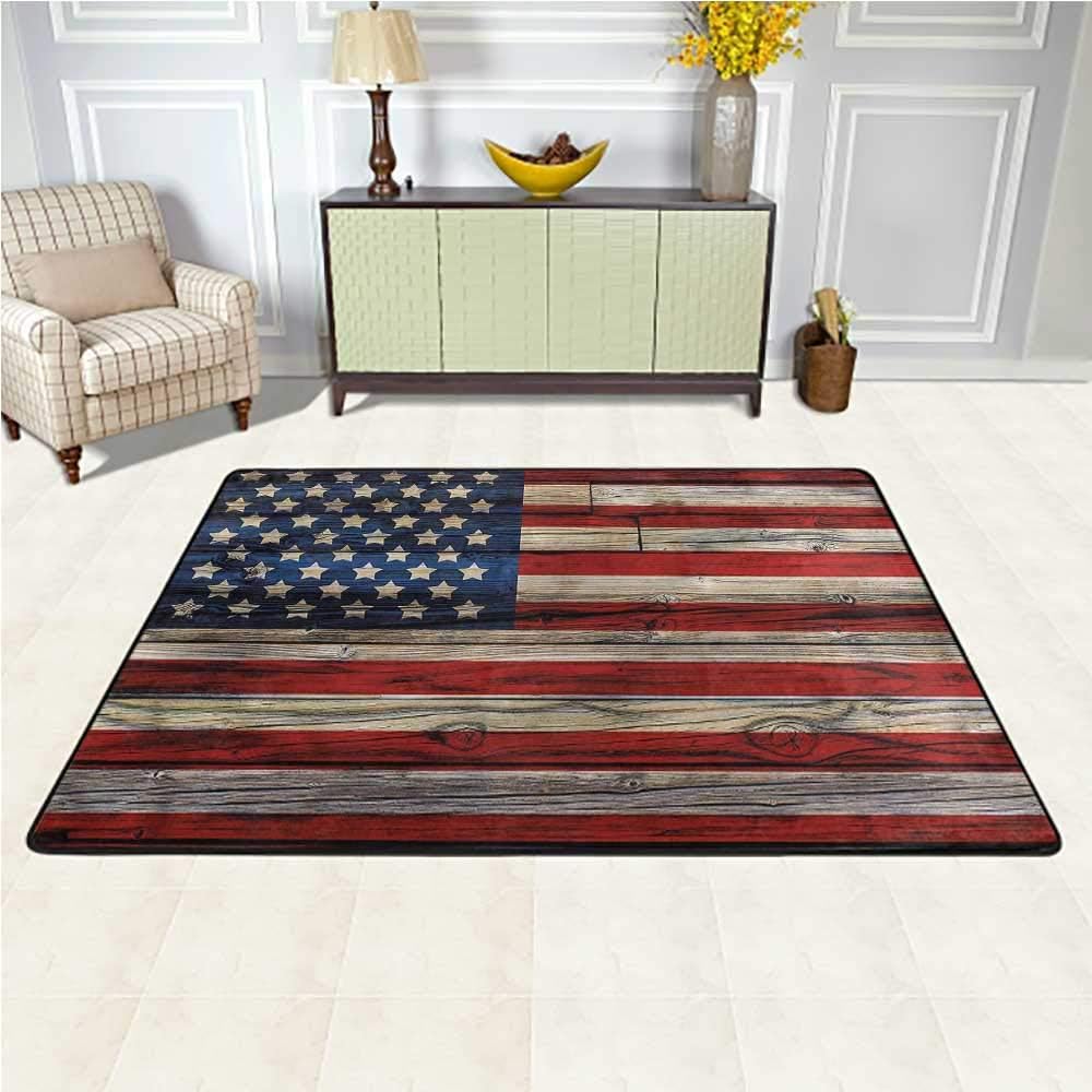 Area Rug 4th of July, Wood Planks Flag Geometric Moroccan Rugs Super Soft and Cozy 4 x 4 Feet