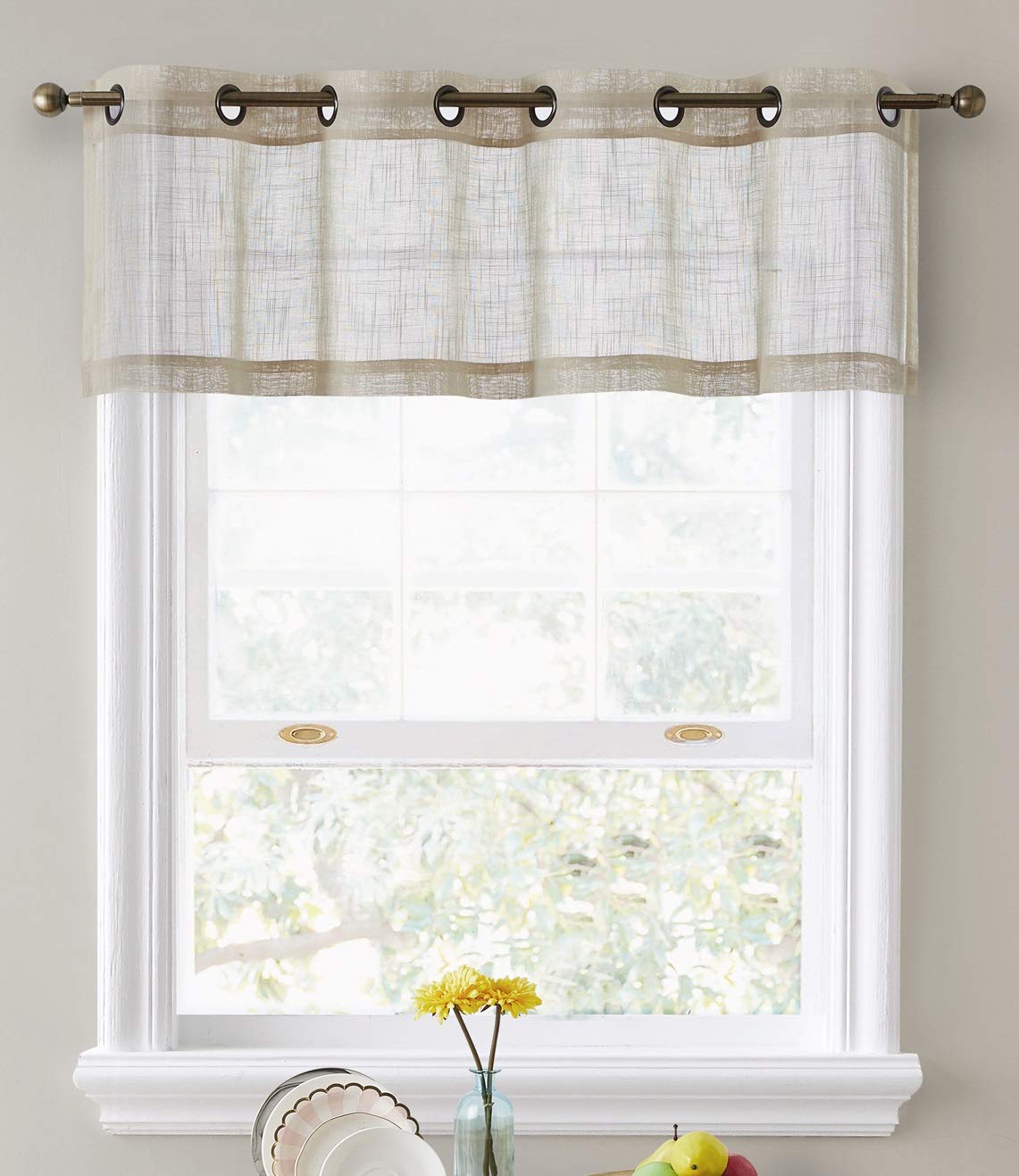HLC.ME Abbey Faux Linen Textured Semi Sheer Privacy Light Filtering Transparent Thick Half Short Grommet Curtain Valance Topper for Small Windows, Bedroom & Bathroom (54 W x 18 L, Beige)