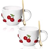 MAKCNMYM 2 Pcs Cherry Icon Cup 12 oz Red Cherry Ceramic Coffee Mug with Handle and Spoons Aesthetic Latte Art Cup for Birthday Wedding Gifts Cute Mugs for Cappuccino Hot Chocolate Tea Milk Espresso