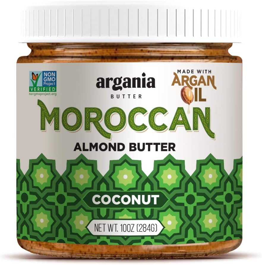 Argania Butter Coconut Almond Butter With Superfood Organic Edible Argan Oil - Vegan, No Gluten , Kosher, Non GMO, No Palm Oil, No Dairy, No Peanuts, Keto Friendly, Low Carb. 10 Ounces