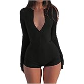 WDIRARA Women's Button Up Bodycon Romper Long Sleeve Unitards Shorts Jumpsuit