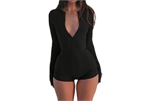 WDIRARA Women's Button Up Bodycon Romper Long Sleeve Unitards Shorts Jumpsuit