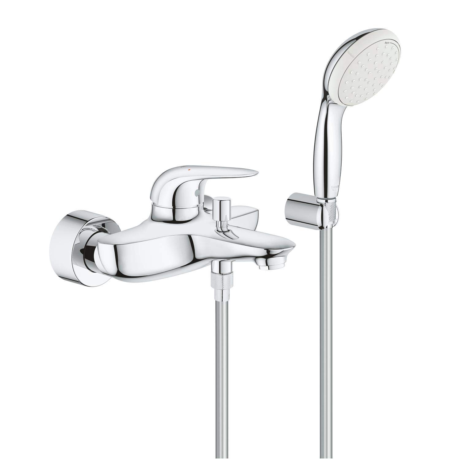 GROHE Eurostyle Single-Lever Bath Mixer with 2-Spray Hand Shower, Hose and Holder, Chrome, Wall-Mounted Tap 2372930A