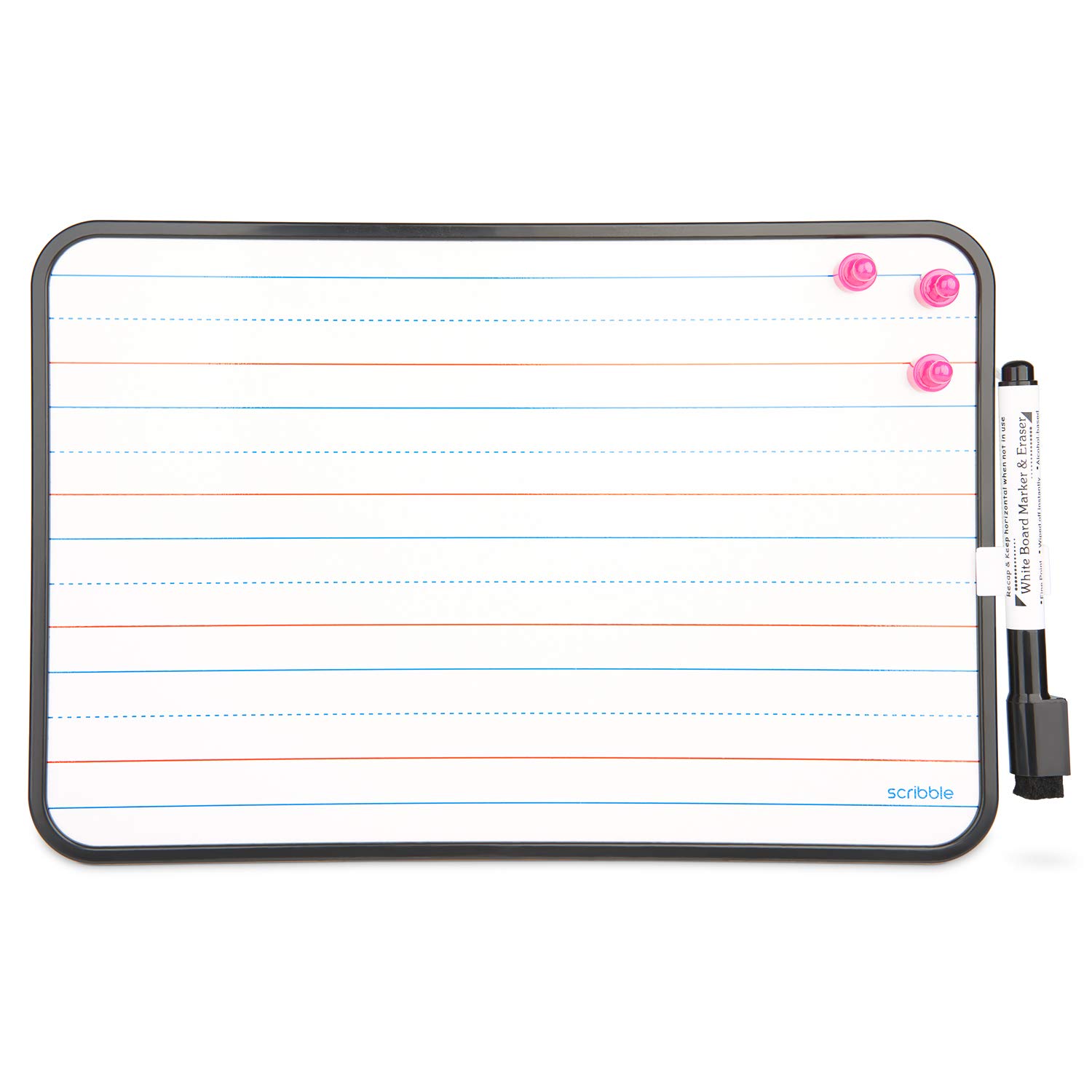 Scribble Mini Dry Erase Board A4. Ruled One Side, Magnetic Plain Whiteboard on The Other. Small Handheld Whiteboard for Writing & Learning with Marker and Eraser