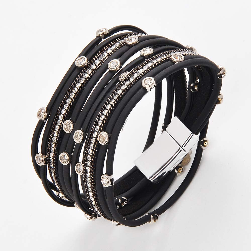TASBERN Women Leather Wrap Bracelet in Goldplated Metallic Crescents and Crystal Cuff Jewelry for Ladies Girls (TAS012-Black): Jewelry