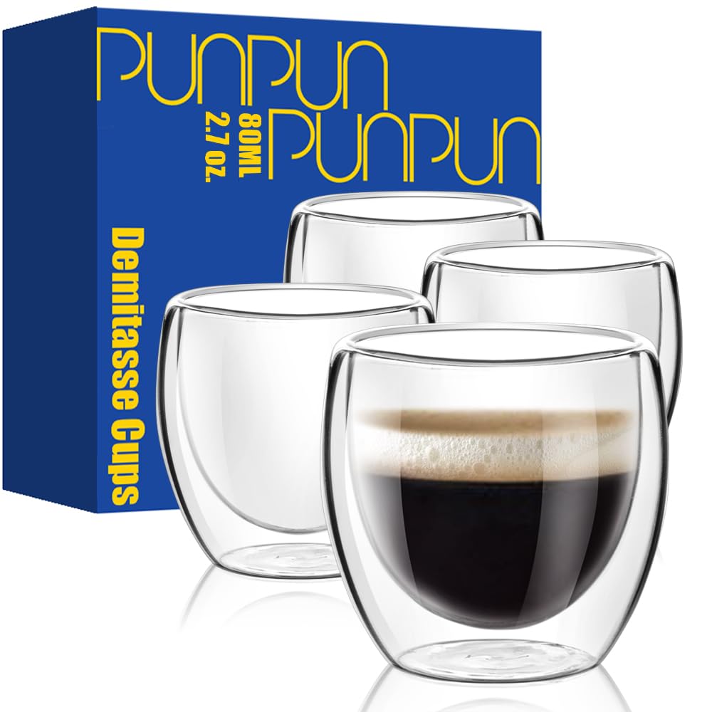 PunPun Espresso Coffee Cups, Demitasse Cups Double Walled Clear Insulated,Shot Glass Espresso Cup 80 ml (2.7 OZ./Set of 4)
