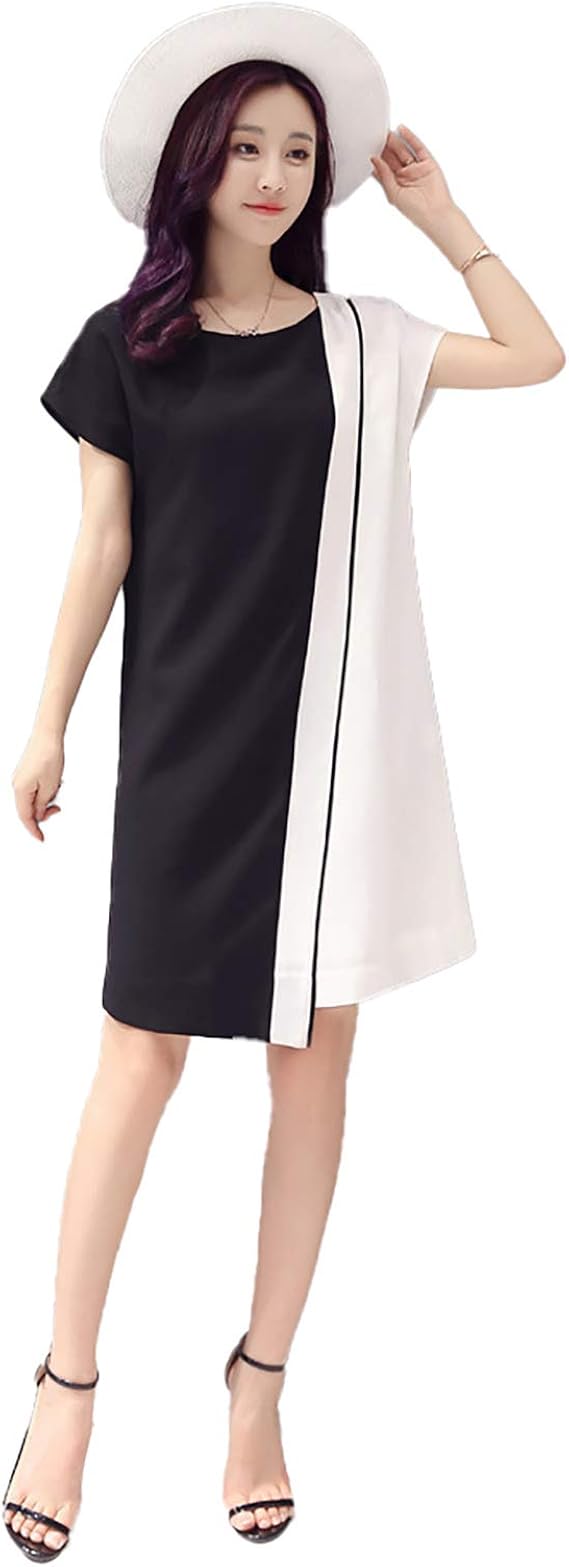 Amazon Co Jp 黒と白 クルーネック バイカラー 女用 ワンピース アシンメトリー Aラインスカート ミドル丈スカート フレアスカート 半袖 プレーン ひざ丈 配達6 9労働日まで 服 ファッション小物