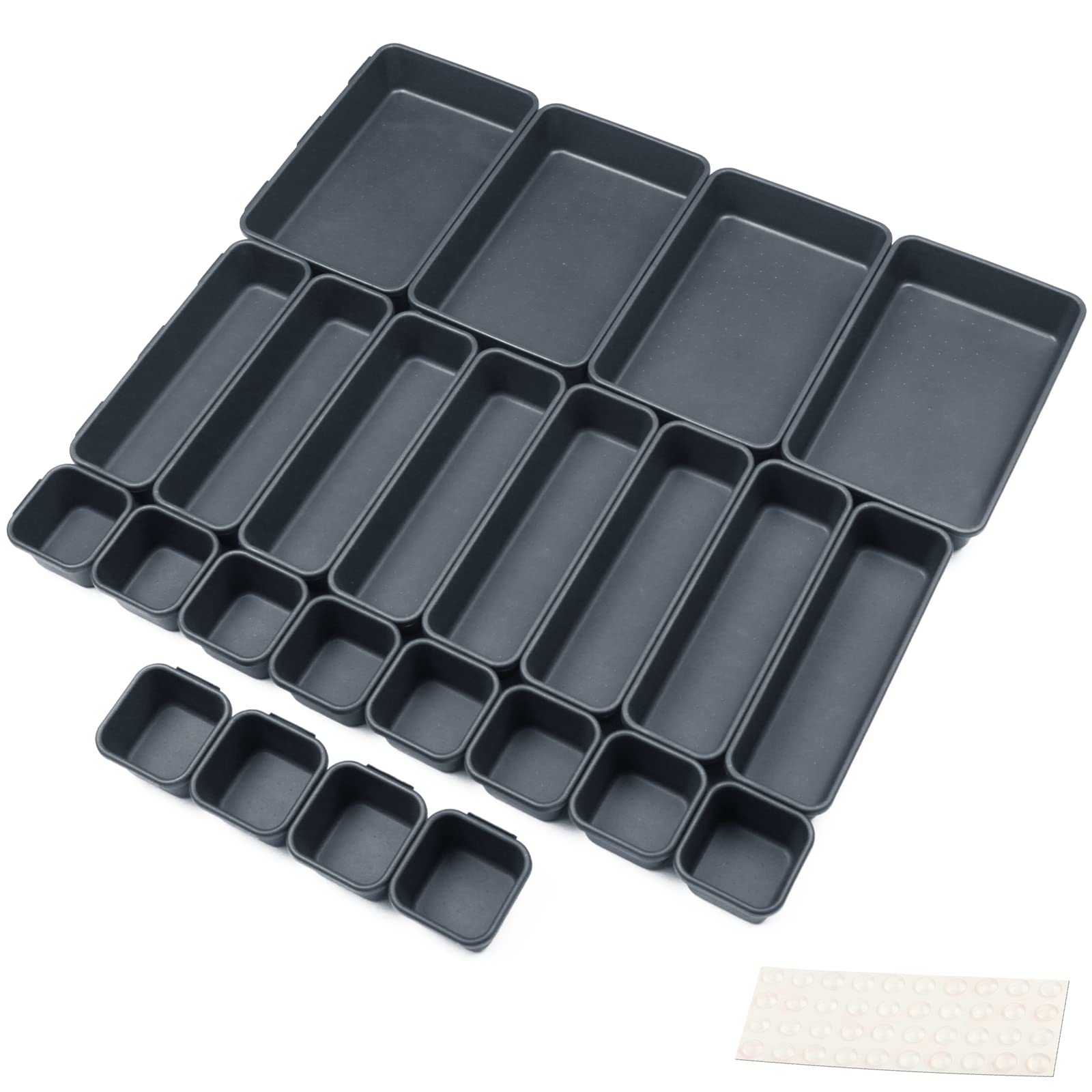 Nuts OT nuts Desk Drawer Organiser Tidy Dividers 24Pcs Makeup Dividers 3 Sizes Plastic Trays for Storage for Dresser Cosmetics Office Stationery Kitchen Utensil with 40 Non-slip Silicon Pads (Black)