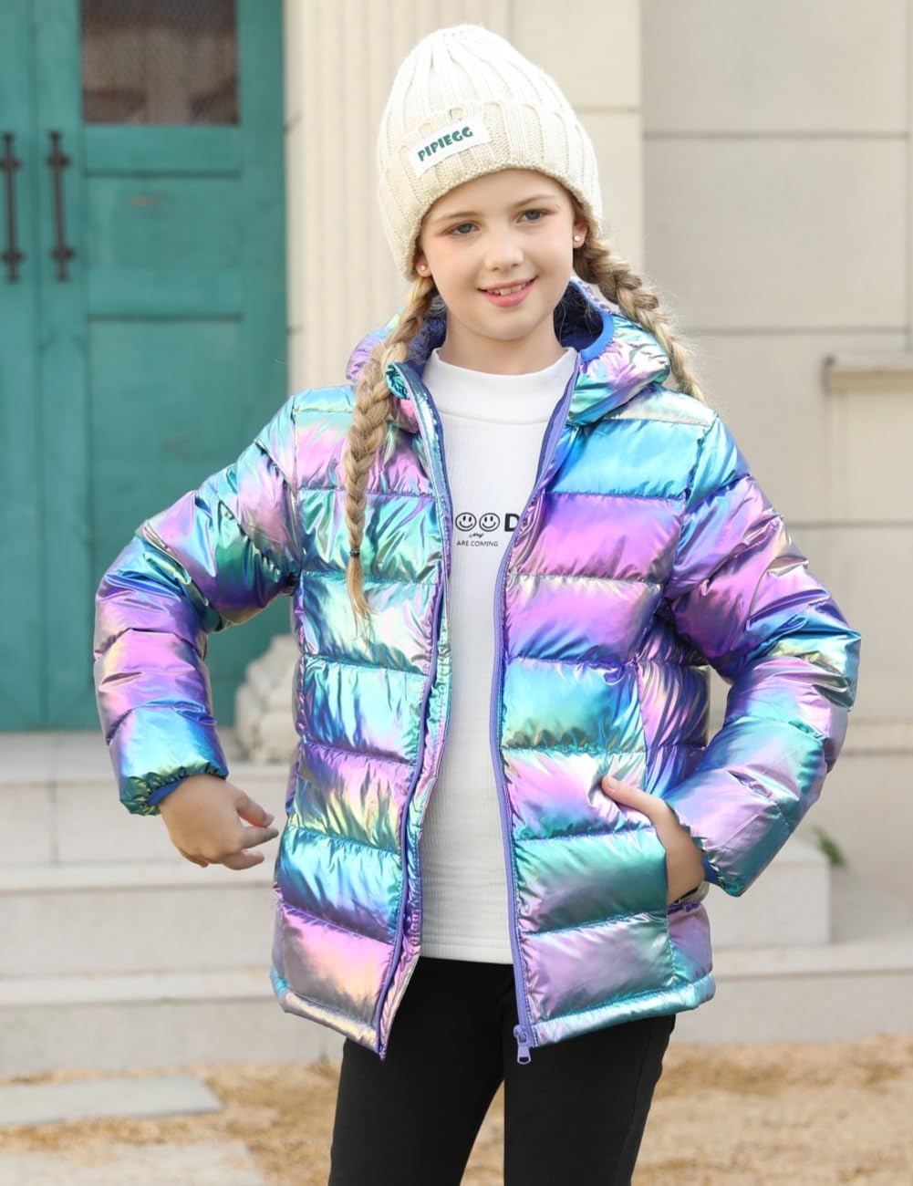 Lovekider Hooded Puffer Jacket for Girls 4-12T Packable Down-Alternative Warm Coat Shiny Outerwear for Kids Winter
