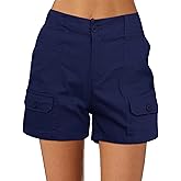luvamia Cargo Shorts for Women Casual Summer High Waisted Chino Shorts Ribbed Elastic Waist Utility Pockets Comfy Shorts