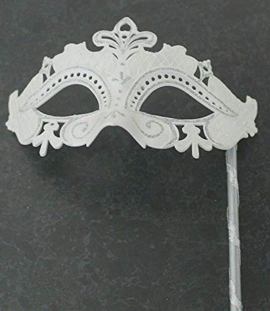 MASK & CO Hand Held Ladies Quality White Silver Venetian Masquerade Party Ball Eye Mask on a Stick